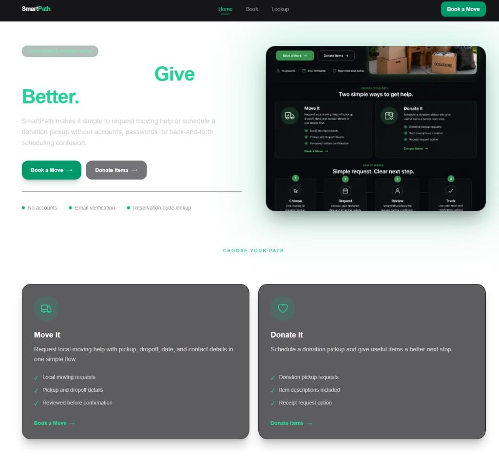 SmartPath overview: choose moving or donation pickup, then follow simple request steps